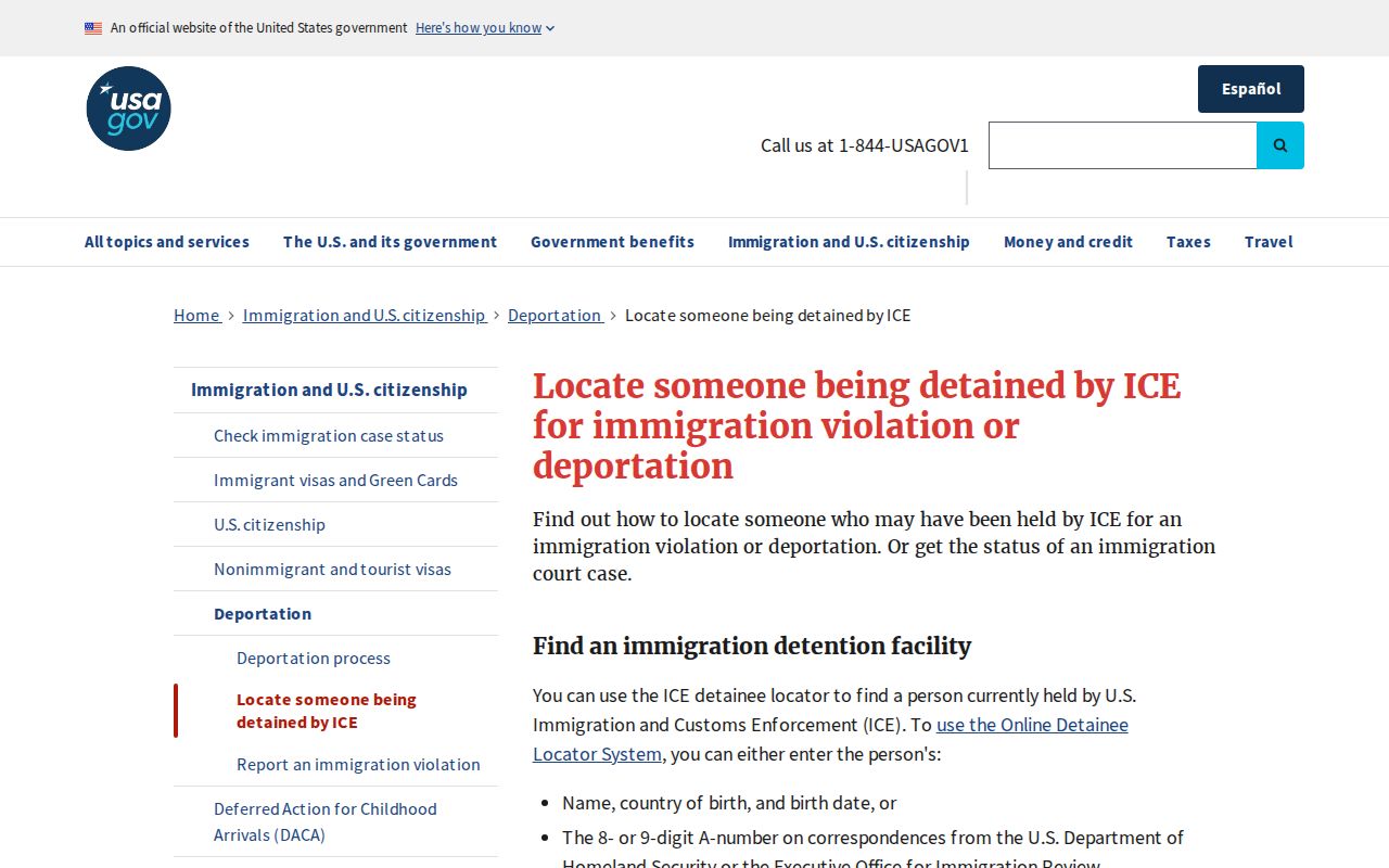 USAGov guidance for locating someone detained by ICE