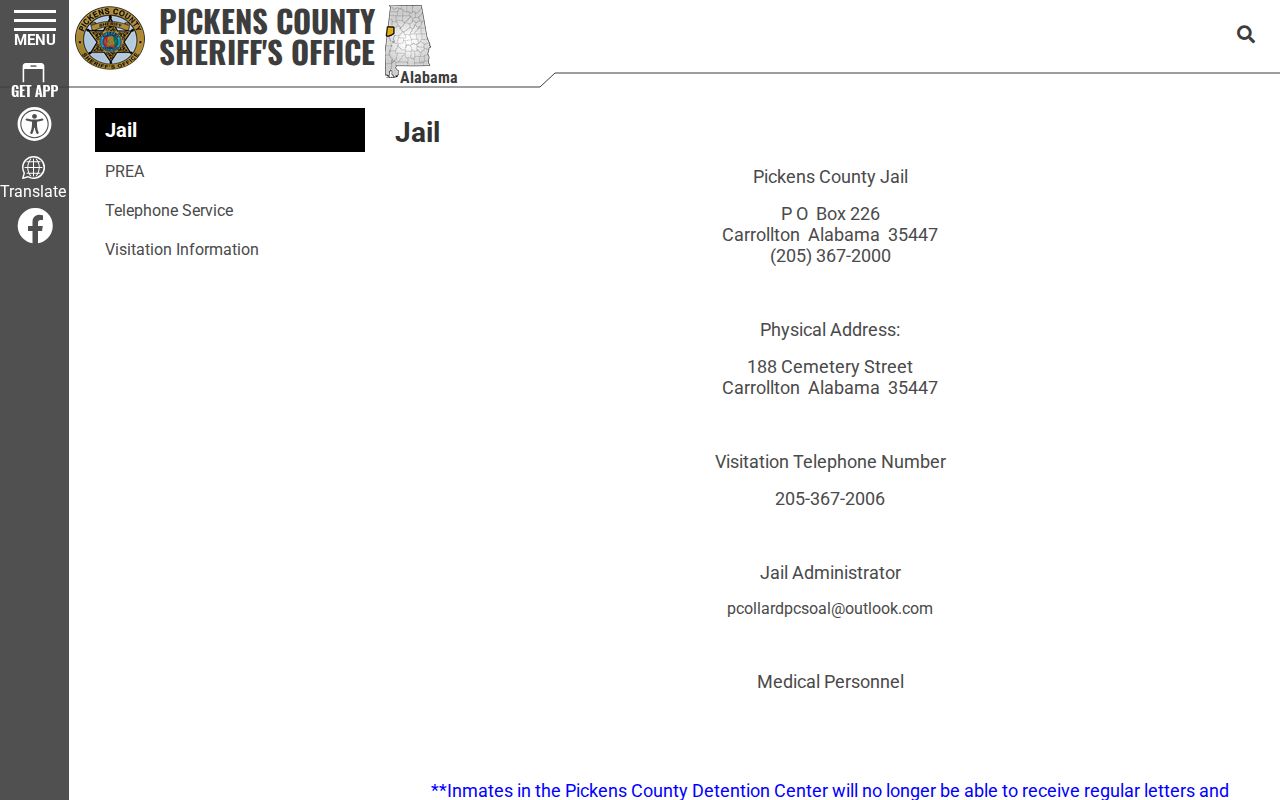 Pickens County Detention Center jail contact page